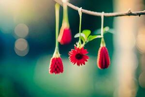 rood bloemen hangende van een Afdeling. ai-gegenereerd foto