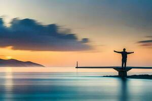 Mens staand Aan een pier Bij zonsondergang. ai-gegenereerd foto