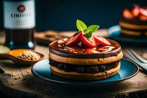 een chocola taart met aardbeien en een fles van wijn. ai-gegenereerd foto