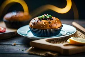 een muffin Aan een bord met een plak van citroen. ai-gegenereerd foto