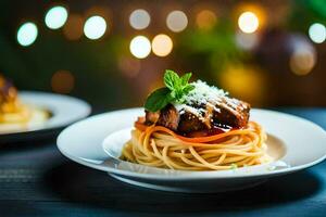 spaghetti met vlees en groenten Aan een bord. ai-gegenereerd foto