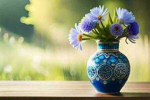 blauw bloemen in een vaas Aan een tafel. ai-gegenereerd foto