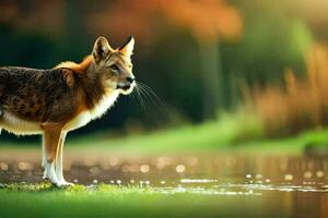 een wolf staand in de water in de buurt een vijver. ai-gegenereerd foto