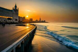 de zon sets over- de oceaan en pier in een stad. ai-gegenereerd foto