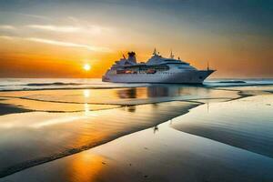 een reis schip Aan de strand Bij zonsondergang. ai-gegenereerd foto