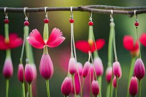 roze bloemen hangen van een Afdeling met rood kralen. ai-gegenereerd foto