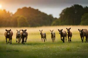 een kudde van paarden rennen in een veld. ai-gegenereerd foto