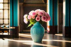 een blauw vaas met roze bloemen zittend Aan een houten vloer. ai-gegenereerd foto