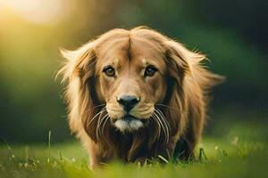 een leeuw is wandelen in de gras. ai-gegenereerd foto