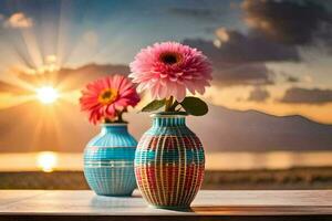 twee vazen met bloemen Aan een tafel in voorkant van een zonsondergang. ai-gegenereerd foto