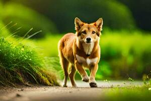 een hond wandelen Aan een aarde weg in de gras. ai-gegenereerd foto