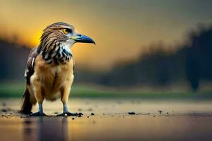 een vogel is staand Aan de grond Bij zonsondergang. ai-gegenereerd foto