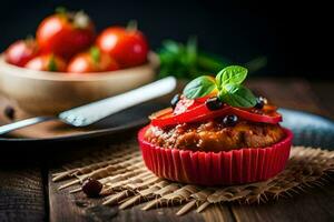 een muffin met tomaten en basilicum Aan een houten tafel. ai-gegenereerd foto