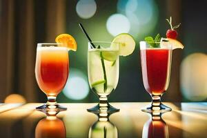 drie verschillend types van alcoholisch drankjes zijn bekleed omhoog Aan een tafel. ai-gegenereerd foto