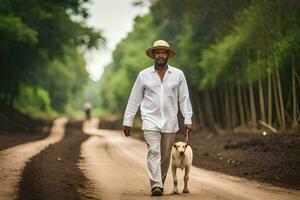 een Mens wandelen zijn hond naar beneden een aarde weg. ai-gegenereerd foto