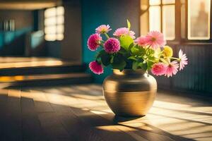 een vaas met roze bloemen zittend Aan een houten vloer. ai-gegenereerd foto