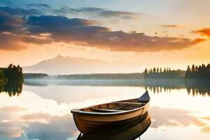 een boot Aan een meer Bij zonsondergang. ai-gegenereerd foto