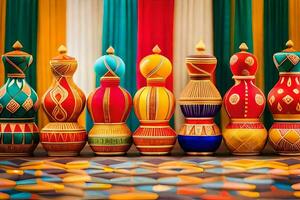 kleurrijk houten vazen bekleed omhoog Aan een tafel. ai-gegenereerd foto