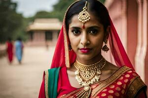 een mooi Indisch vrouw vervelend een rood sari en goud sieraden. ai-gegenereerd foto