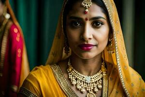 een vrouw in een traditioneel Indisch bruiloft jurk. ai-gegenereerd foto