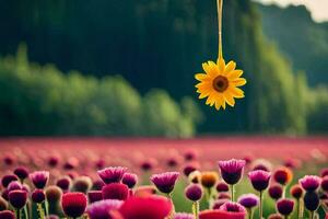 foto behang veld, de lucht, de zon, de bloem, de zonnebloem, de bloem. ai-gegenereerd