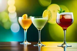 drie verschillend types van alcoholisch drankjes Aan een tafel. ai-gegenereerd foto