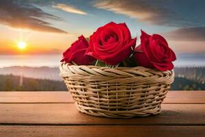 rozen in een mand Aan een houten tafel. ai-gegenereerd foto
