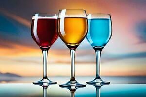 drie bril van wijn met verschillend kleuren Aan een tafel. ai-gegenereerd foto