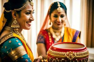 twee Dames in traditioneel Indisch kleding Holding een pot. ai-gegenereerd foto