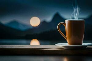 een kop van koffie Aan een houten tafel in voorkant van een meer en bergen. ai-gegenereerd foto