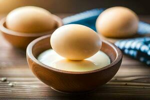 eieren in een kom Aan een houten tafel. ai-gegenereerd foto