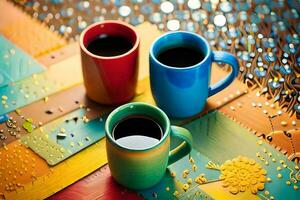 drie kleurrijk cups van koffie zitten Aan een kleurrijk tafel. ai-gegenereerd foto