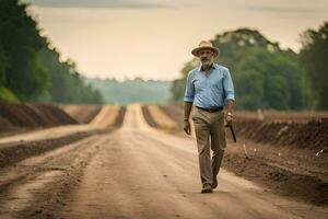 een Mens in een hoed wandelingen naar beneden een aarde weg. ai-gegenereerd foto