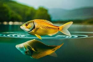 een vis is drijvend Aan de water met een reflectie. ai-gegenereerd foto