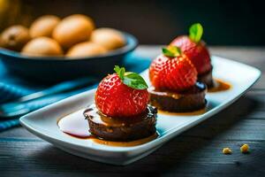 drie desserts met aardbeien en noten Aan een wit bord. ai-gegenereerd foto