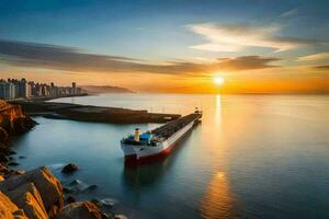 een lading schip in de oceaan Bij zonsondergang. ai-gegenereerd foto