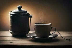 koffie en een Frans druk op Aan een houten tafel. ai-gegenereerd foto