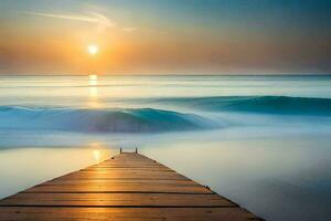 een houten pier strekt zich uit uit in de oceaan Bij zonsondergang. ai-gegenereerd foto