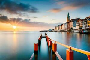 de zon is instelling over- een stad met een pier. ai-gegenereerd foto