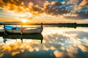 een boot zit Aan de water Bij zonsondergang. ai-gegenereerd foto