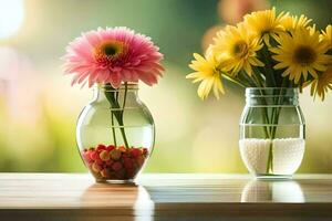 twee vazen met bloemen in hen Aan een tafel. ai-gegenereerd foto