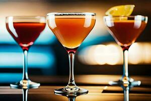 drie verschillend cocktails zijn bekleed omhoog Aan een tafel. ai-gegenereerd foto