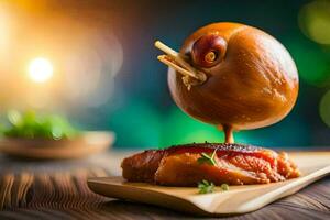 een stuk van vlees Aan een houten bord met een vogel Aan top. ai-gegenereerd foto