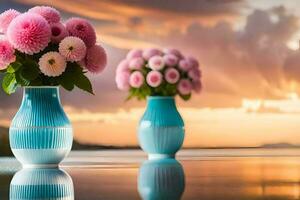 twee vazen met roze bloemen zittend Aan een tafel. ai-gegenereerd foto