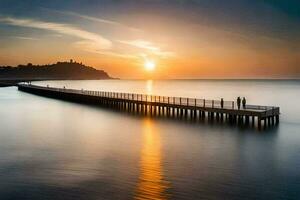 de zon sets over- de pier Bij de einde van een lang pier. ai-gegenereerd foto