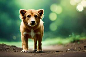 een bruin hond is staand Aan een aarde weg. ai-gegenereerd foto