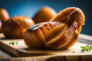 een houten snijdend bord met sommige gebakken brood. ai-gegenereerd foto