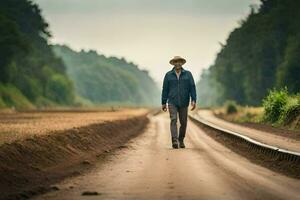 een Mens in een hoed wandelingen naar beneden een aarde weg. ai-gegenereerd foto