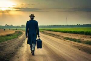 een Mens in een pak en hoed wandelen naar beneden een aarde weg. ai-gegenereerd foto