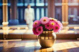 een vaas van roze bloemen zittend Aan een tafel in voorkant van een venster. ai-gegenereerd foto